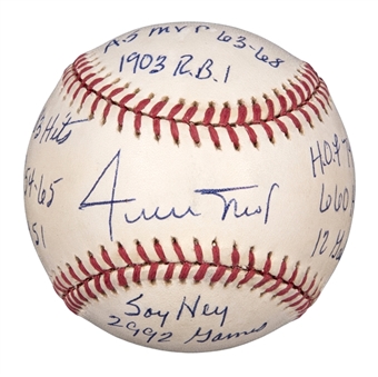 Willie Mays Single Signed and Inscribed Stat ONL Coleman Baseball (PSA/DNA)
